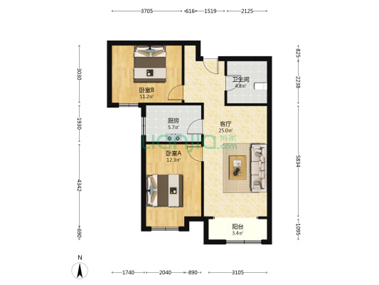 香邑溪谷玫瑰园南向两居 满二 有车位 好楼层-户型图