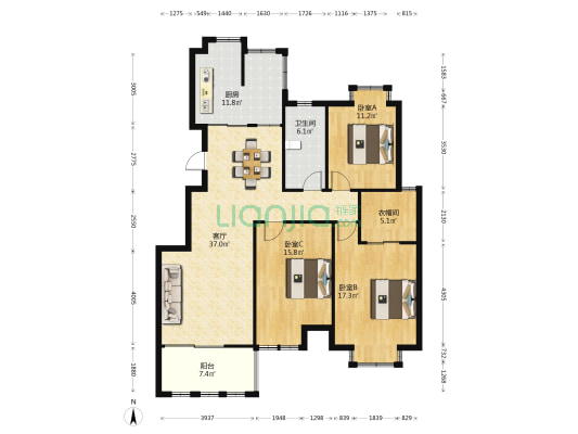 百花亭佳苑 3室1厅1卫 136平方