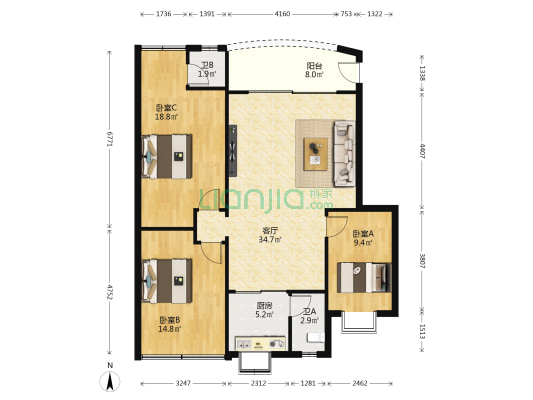百合苑 3室1厅2卫 110平方