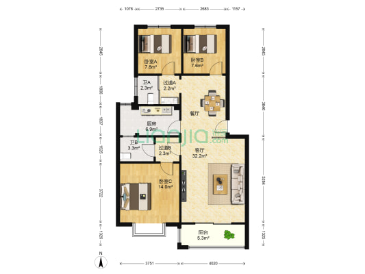 星河湾 3室1厅2卫 106平方