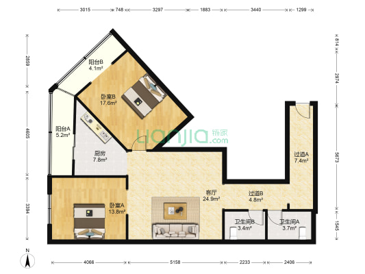 银行里 2室1厅2卫 116平方