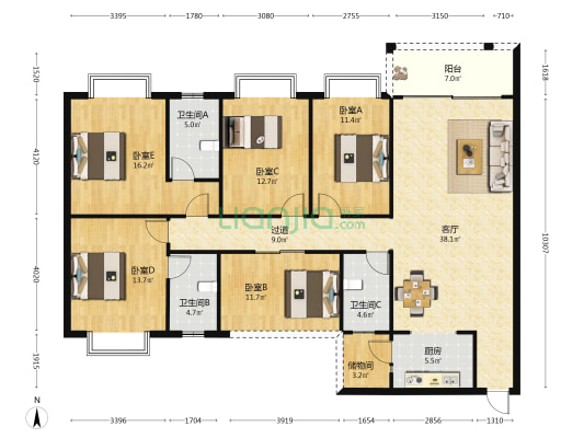 文苑小区 5室1厅3卫 162平方