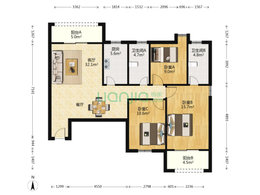 魁岐小区2区 3室1厅2卫 120平方