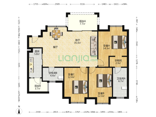 中海右岸 3室1厅2卫 115平方