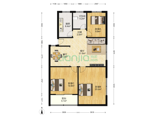 开源小区 3室2厅1卫 109平方