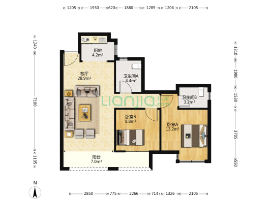 富利新城 2室1厅2卫 93平方