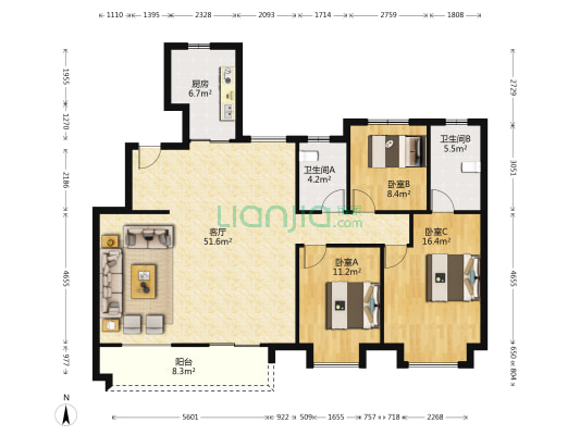 中海城B区 3室1厅2卫 134平方