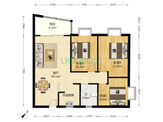 天伦海苑 3室1厅1卫 98平方