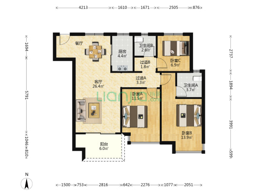 金科集美阳光 3室1厅2卫 108平方
