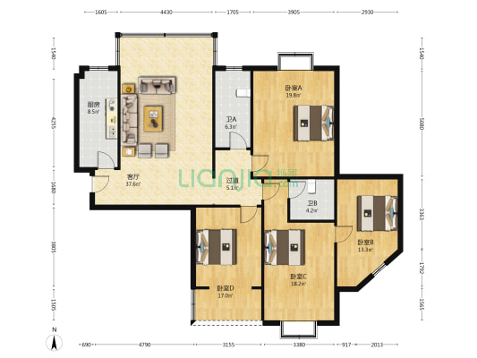 紫阳公寓 4室1厅2卫 139平方