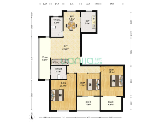 南都花园 3室2厅2卫 140平方