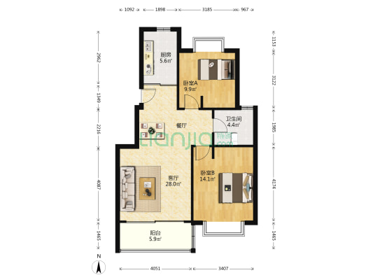 京盛苑 2室1厅1卫 86平方