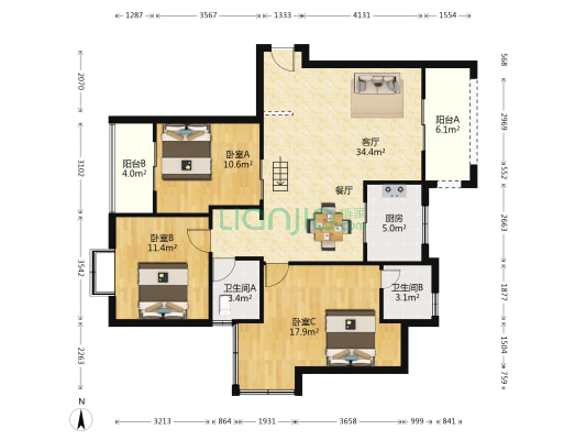 东方名城华郡 3室1厅2卫 117平方