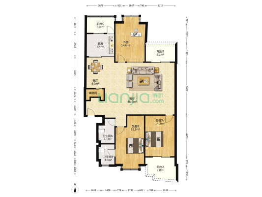 瑞星花园 3室2厅2卫 151平方