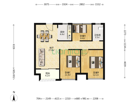 朗悦公园道1号熙园 3室1厅1卫 88平方