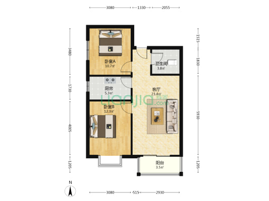 德信公园旁，朝南大两居，带装修，采光好-户型图