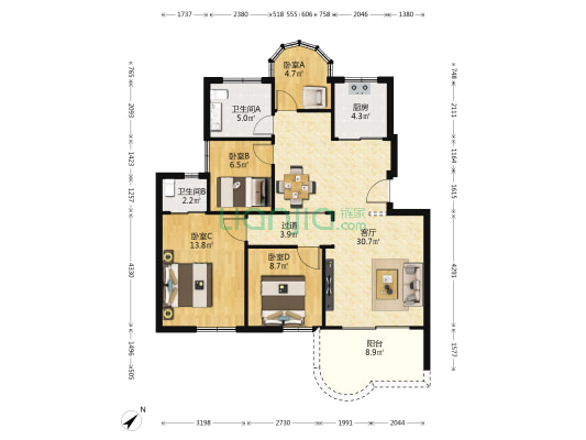 融富花园 4室1厅2卫 102平方