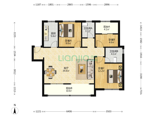 绿地智慧金融城C地块 3室1厅2卫 118平方