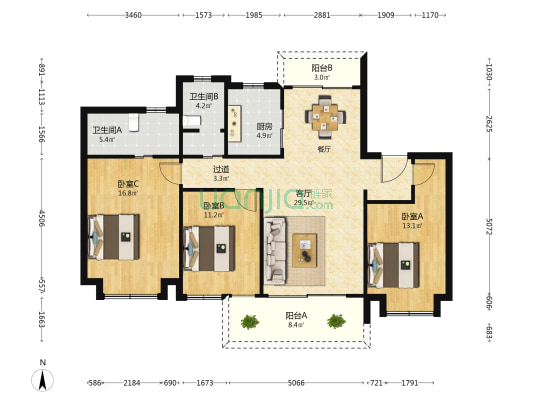 柳岸春风 3室1厅2卫 128平方