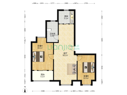 诗书雅苑 2室1厅1卫 108平方