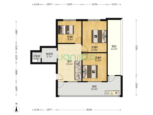 太平路 3室1厅2卫 70平方
