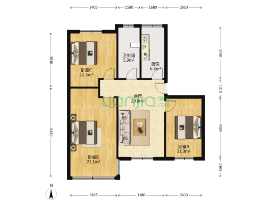 北京路20号 3室1厅1卫 93平方