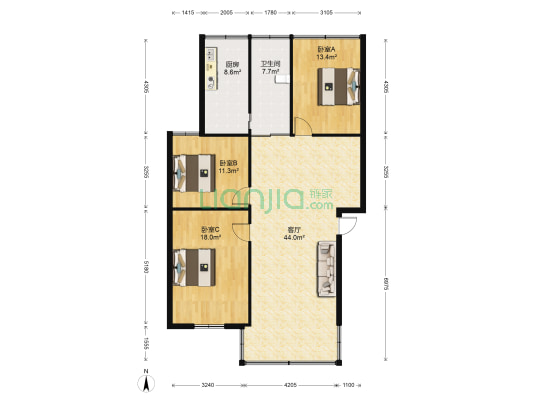 腊树苑 3室1厅1卫 120平方