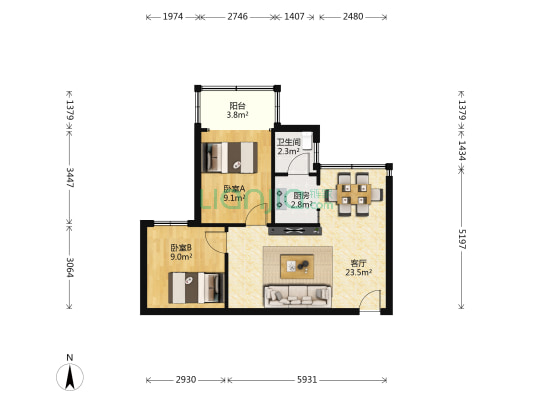 芳景阁 2室1厅1卫 64平方