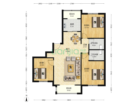 嘉通名苑小区 3室1厅2卫 126平方