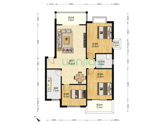 怡和新城C区 3室1厅1卫 110平方