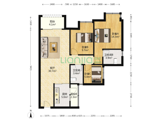 保利江上明珠畅园 3室1厅2卫 100平方