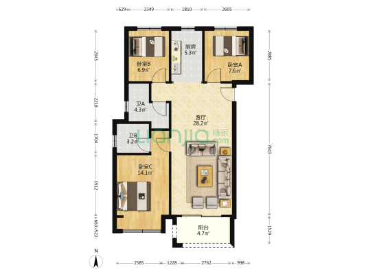 红星天悦 3室1厅2卫 106平方