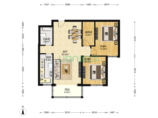 新兴年代 2室1厅1卫 97平方