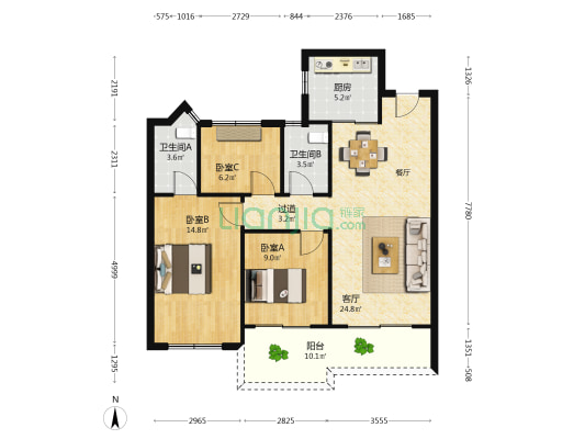 中海明德里 3室1厅2卫 97平方