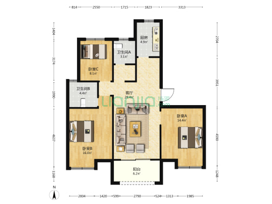 东旭佳苑西区 3室1厅2卫 120平方