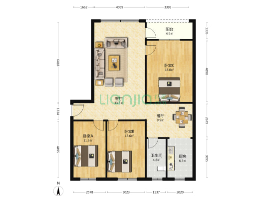 莲园路 3室2厅1卫 120平方