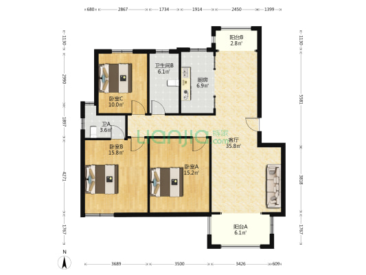 翡翠城B区 3室1厅2卫 122平方