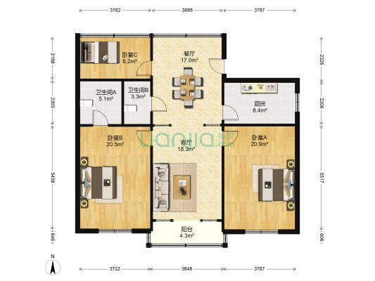 银河商务中心 3室2厅2卫 129平方
