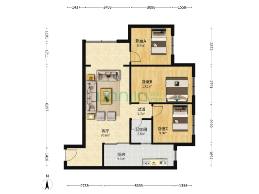 北碚书香雅苑 3室1厅1卫 91平方
