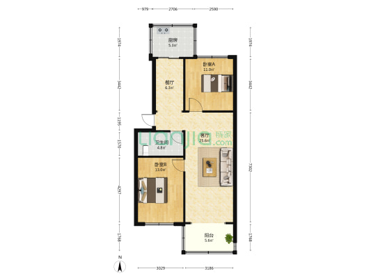 浴新北大街26号院 2室2厅1卫 82平方