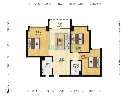 兆鑫汇金广场 3室1厅1卫 97平方