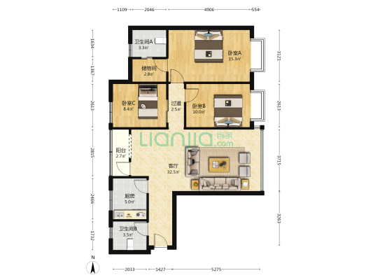 三院集资房 3室1厅2卫 117平方