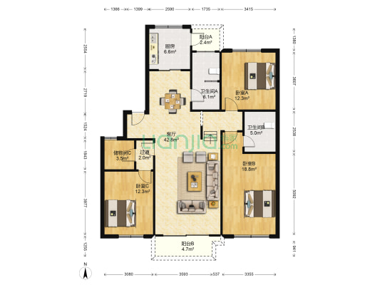 长江花园 3室1厅2卫 137平方
