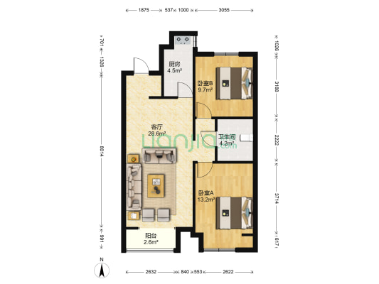 万科金域国际 2室1厅1卫 91平方