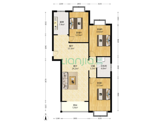 汇嘉花园小区 3室2厅1卫 140平方