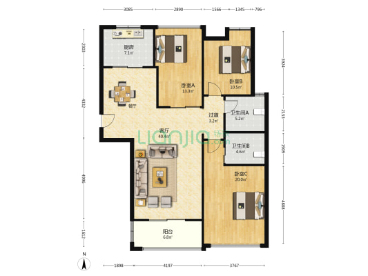 银泰城 3室1厅2卫 137平方