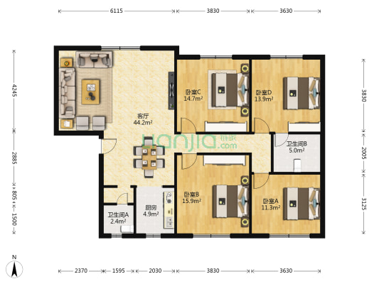 小北街122号 4室1厅2卫 147平方