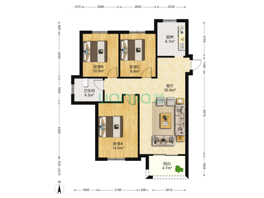 书香华府小区 3室1厅1卫 112平方