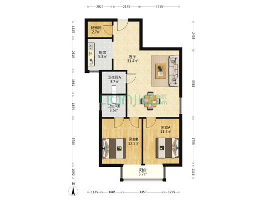 房本满二户型方正 毛坯房随意装修-户型图