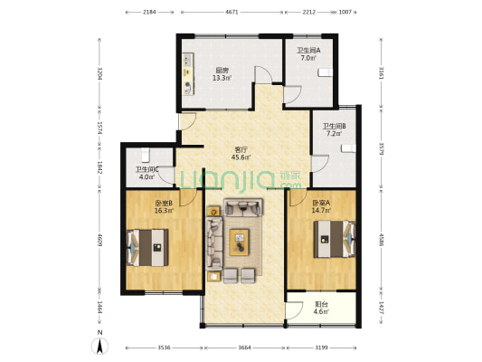 新北街 2室1厅3卫 132平方